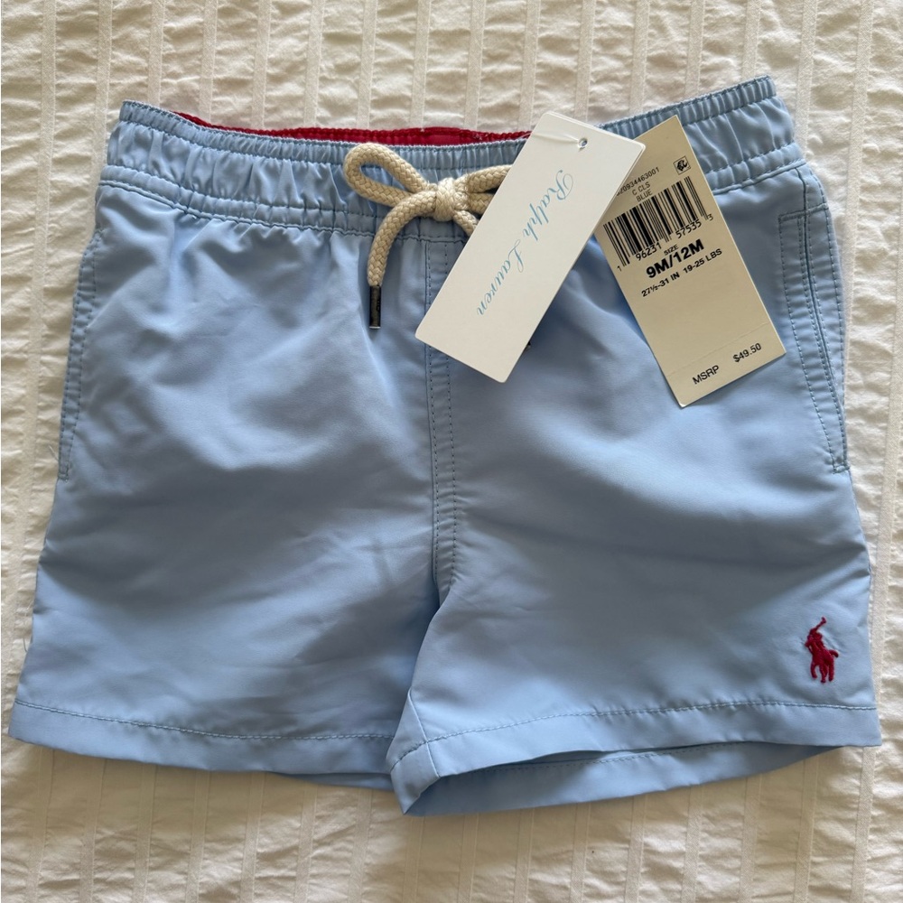 Ralph Lauren Sky Blue Swim Trunks with Red Logo